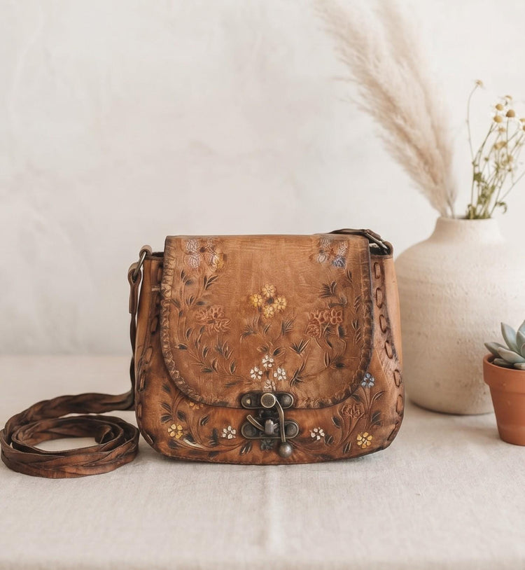1970s Vintage Tooled Leather Bag, Tan Brown Floral Hippie Purse, Braided Strap Boho Shoulder Bag, Wildflower Fairycore