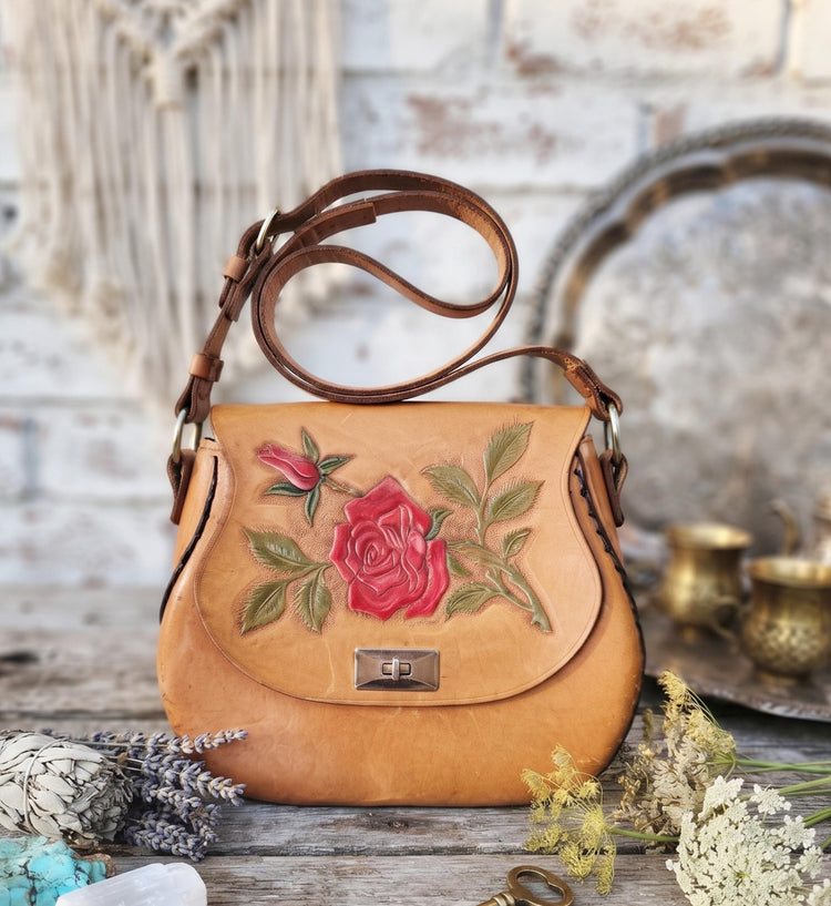 1970s Vintage Red Rose Leather Bag, Tan Brown Tooled Floral Shoulder Purse, Hand Painted Boho Hippie Handbag