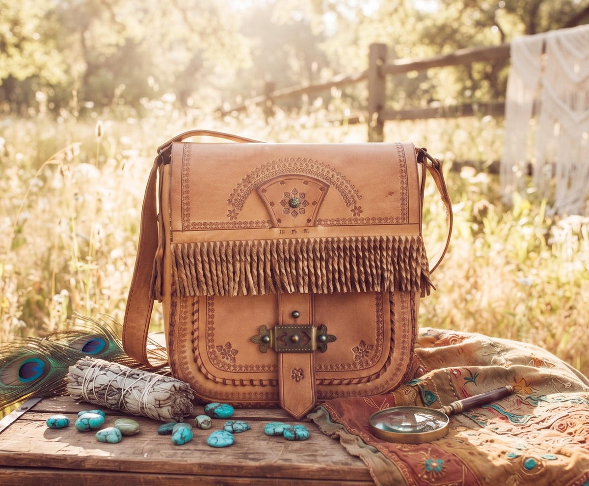 Rare Polish Folk Art 1970s Boho Leather Festival Bag, Tan Vintage Satchel, Tooled Hippie Shoulder Bag, Filigree Brass Buckle Fringe Purse