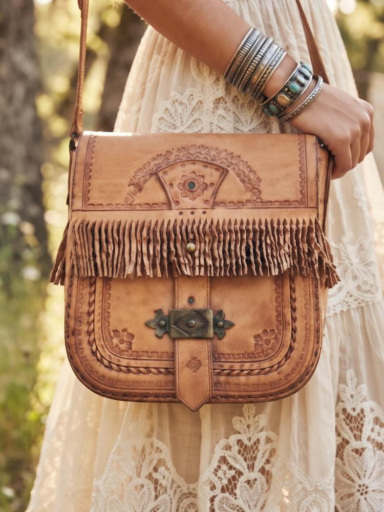 Rare Polish Folk Art 1970s Boho Leather Festival Bag, Tan Vintage Satchel, Tooled Hippie Shoulder Bag, Filigree Brass Buckle Fringe Purse