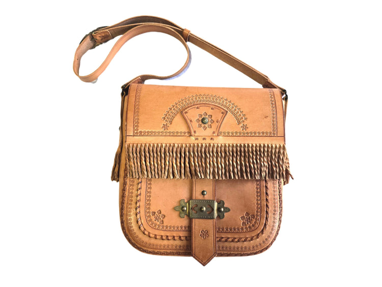 Rare Polish Folk Art 1970s Boho Leather Festival Bag, Tan Vintage Satchel, Tooled Hippie Shoulder Bag, Filigree Brass Buckle Fringe Purse