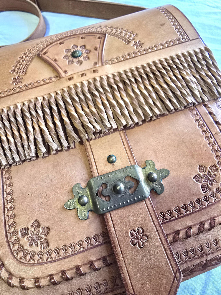 Rare Polish Folk Art 1970s Boho Leather Festival Bag, Tan Vintage Satchel, Tooled Hippie Shoulder Bag, Filigree Brass Buckle Fringe Purse
