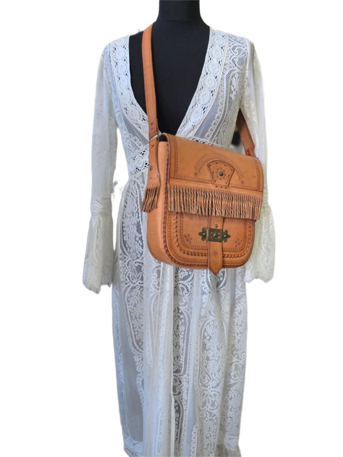Rare Polish Folk Art 1970s Boho Leather Festival Bag, Tan Vintage Satchel, Tooled Hippie Shoulder Bag, Filigree Brass Buckle Fringe Purse
