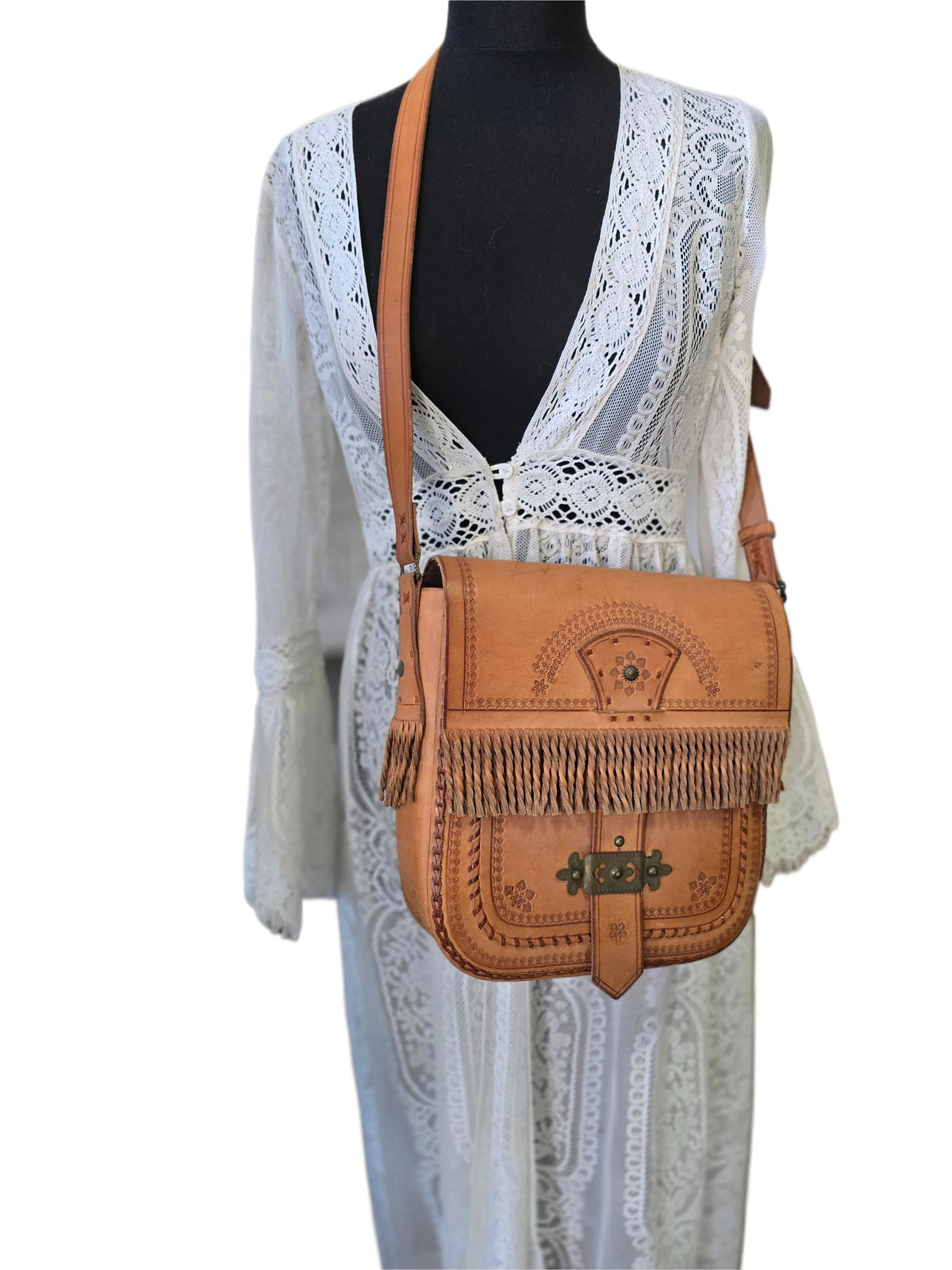 Rare Polish Folk Art 1970s Boho Leather Festival Bag, Tan Vintage Satchel, Tooled Hippie Shoulder Bag, Filigree Brass Buckle Fringe Purse