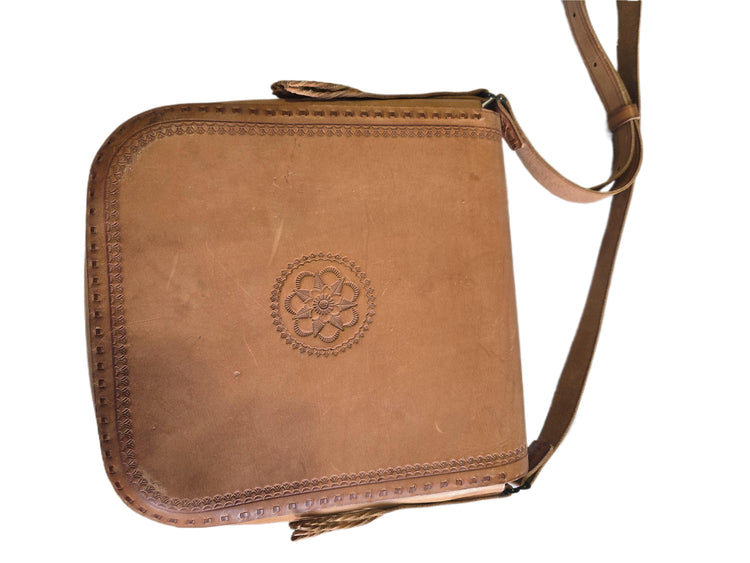 Rare Polish Folk Art 1970s Boho Leather Festival Bag, Tan Vintage Satchel, Tooled Hippie Shoulder Bag, Filigree Brass Buckle Fringe Purse