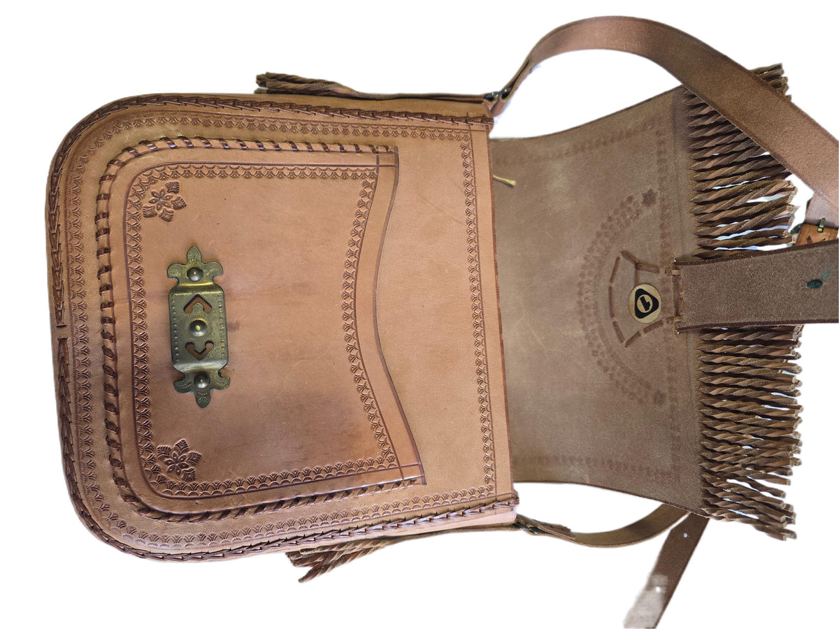 Rare Polish Folk Art 1970s Boho Leather Festival Bag, Tan Vintage Satchel, Tooled Hippie Shoulder Bag, Filigree Brass Buckle Fringe Purse
