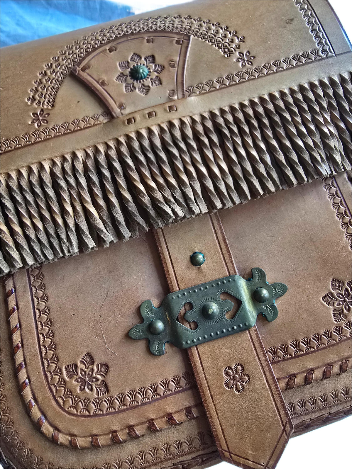 Rare Polish Folk Art 1970s Boho Leather Festival Bag, Tan Vintage Satchel, Tooled Hippie Shoulder Bag, Filigree Brass Buckle Fringe Purse