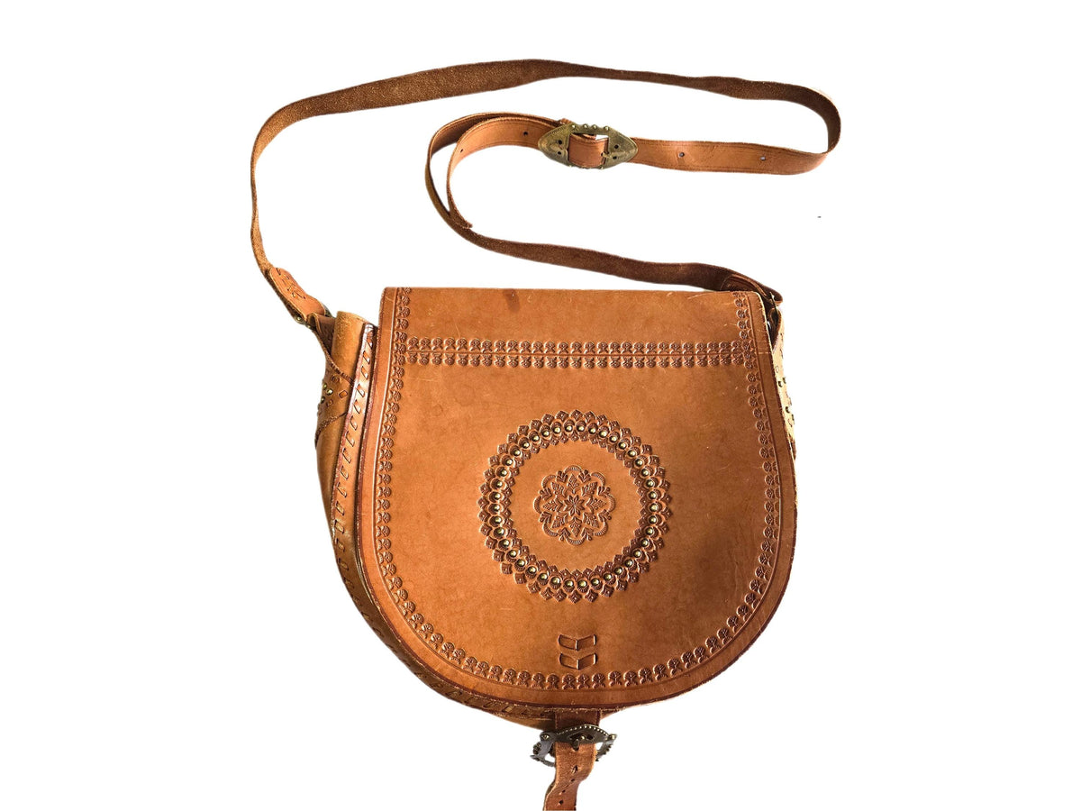 Rare Polish Folk Art 1970s Vintage Tooled Leather Bag, Round Brown Hippie Shoulder Purse, Studded Strap Brass Buckle Boho Satchel