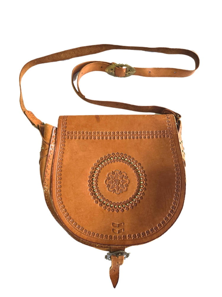 Rare Polish Folk Art 1970s Vintage Tooled Leather Bag, Round Brown Hippie Shoulder Purse, Studded Strap Brass Buckle Boho Satchel
