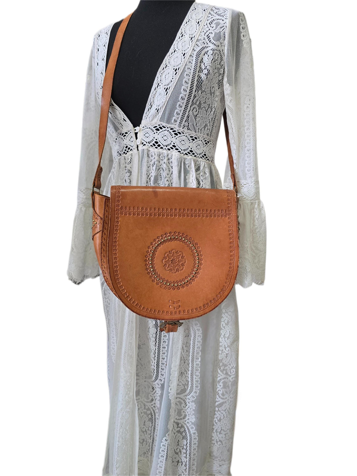 Rare Polish Folk Art 1970s Vintage Tooled Leather Bag, Round Brown Hippie Shoulder Purse, Studded Strap Brass Buckle Boho Satchel
