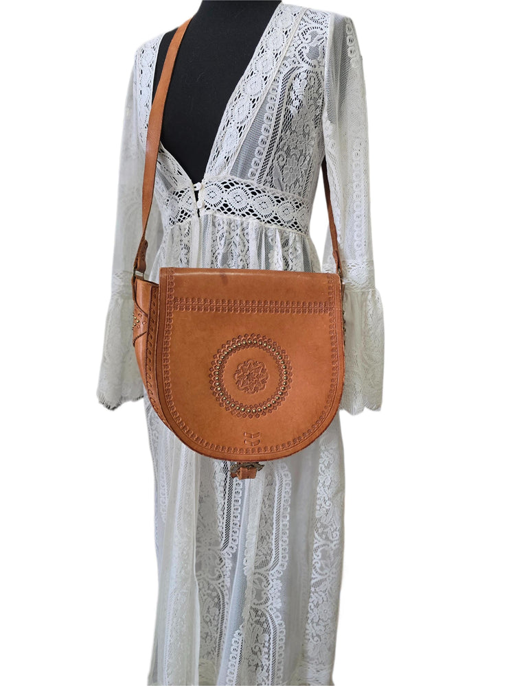 Rare Polish Folk Art 1970s Vintage Tooled Leather Bag, Round Brown Hippie Shoulder Purse, Studded Strap Brass Buckle Boho Satchel