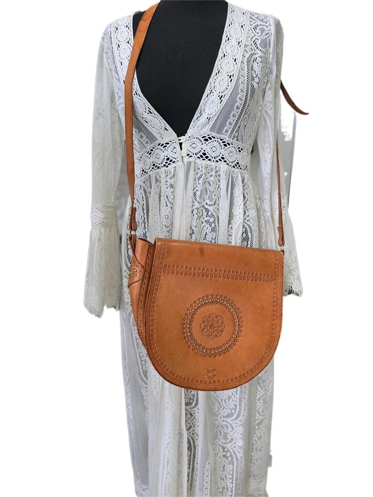 Rare Polish Folk Art 1970s Vintage Tooled Leather Bag, Round Brown Hippie Shoulder Purse, Studded Strap Brass Buckle Boho Satchel