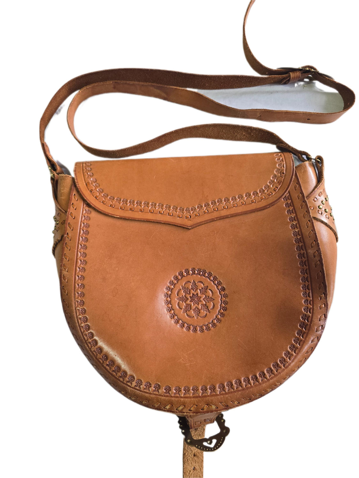 Rare Polish Folk Art 1970s Vintage Tooled Leather Bag, Round Brown Hippie Shoulder Purse, Studded Strap Brass Buckle Boho Satchel