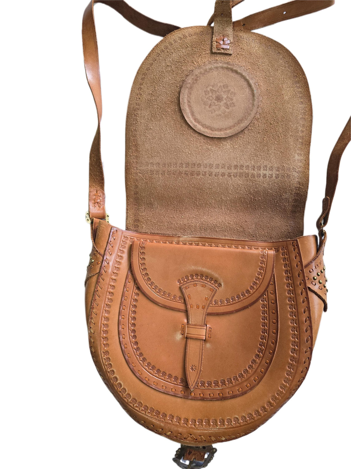 Rare Polish Folk Art 1970s Vintage Tooled Leather Bag, Round Brown Hippie Shoulder Purse, Studded Strap Brass Buckle Boho Satchel