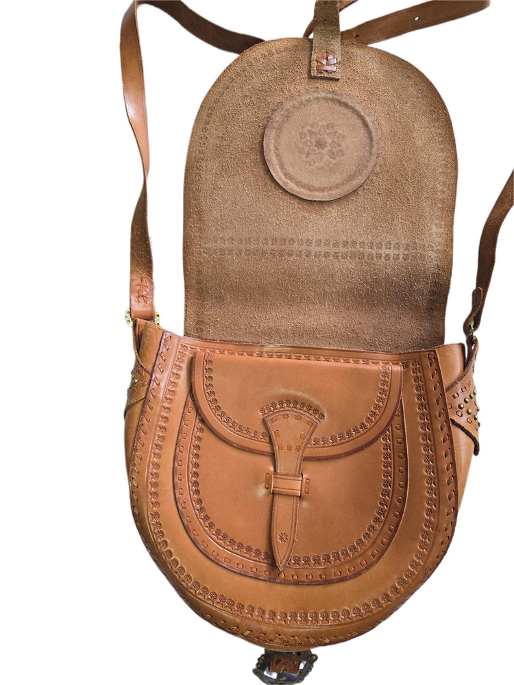 Rare Polish Folk Art 1970s Vintage Tooled Leather Bag, Round Brown Hippie Shoulder Purse, Studded Strap Brass Buckle Boho Satchel