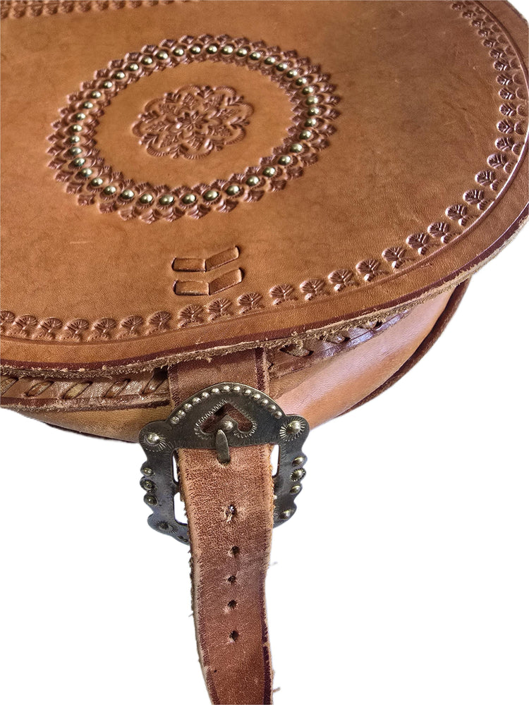 Rare Polish Folk Art 1970s Vintage Tooled Leather Bag, Round Brown Hippie Shoulder Purse, Studded Strap Brass Buckle Boho Satchel