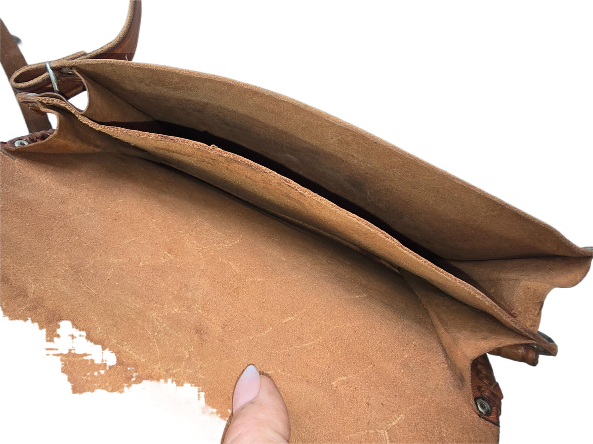 Vintage Moroccan Leather Saddle Bag, Tooled Tan Brown Crossbody Purse, Boho Embossed Shoulder Satchel