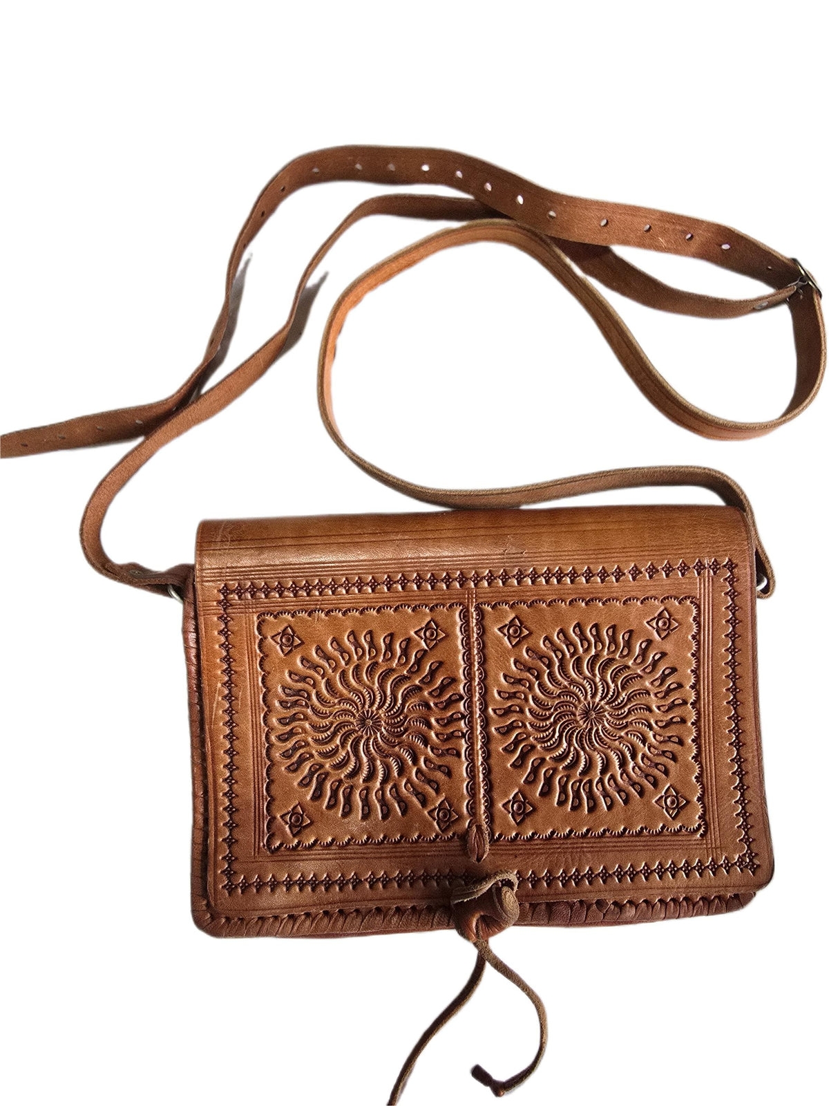 Vintage Moroccan Leather Saddle Bag, Tooled Tan Brown Crossbody Purse, Boho Embossed Shoulder Satchel