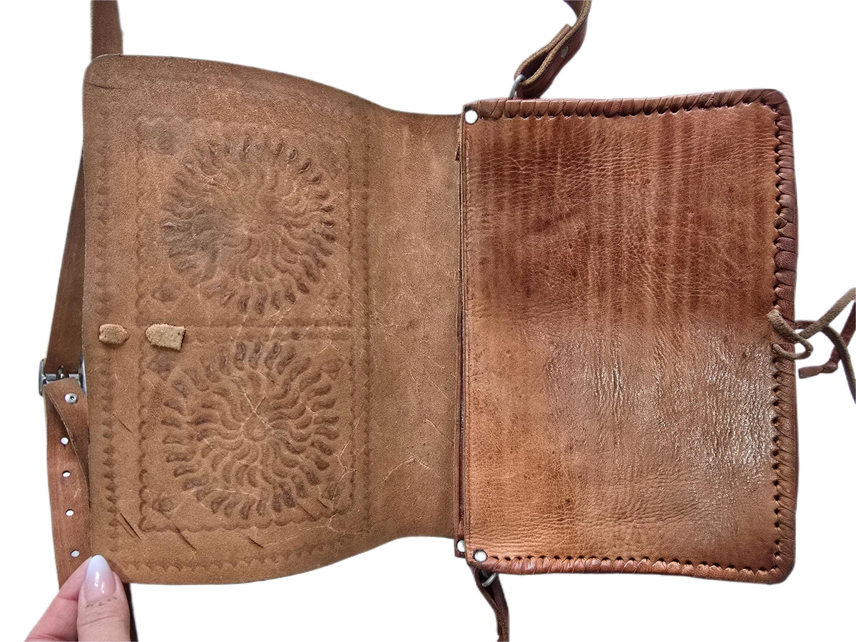 Vintage Moroccan Leather Saddle Bag, Tooled Tan Brown Crossbody Purse, Boho Embossed Shoulder Satchel