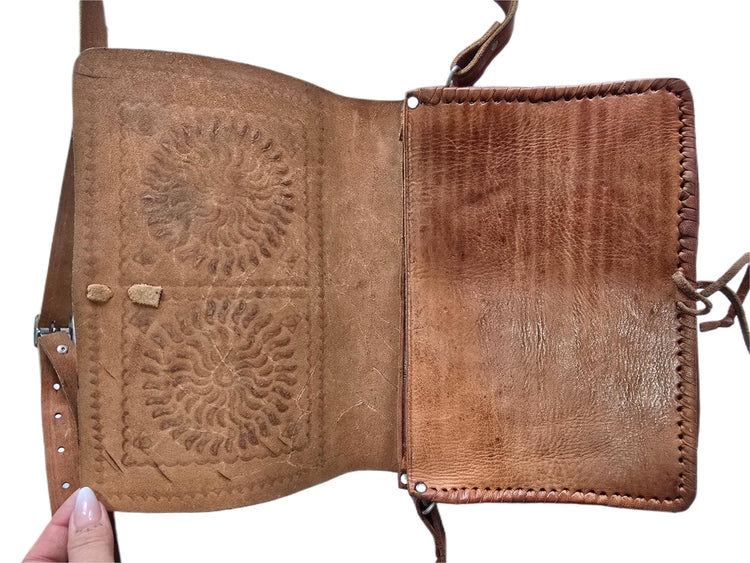 Vintage Moroccan Leather Saddle Bag, Tooled Tan Brown Crossbody Purse, Boho Embossed Shoulder Satchel