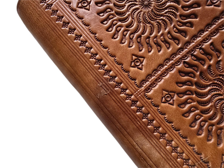 Vintage Moroccan Leather Saddle Bag, Tooled Tan Brown Crossbody Purse, Boho Embossed Shoulder Satchel