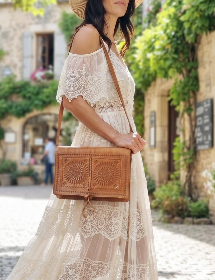 Vintage Moroccan Leather Saddle Bag, Tooled Tan Brown Crossbody Purse, Boho Embossed Shoulder Satchel