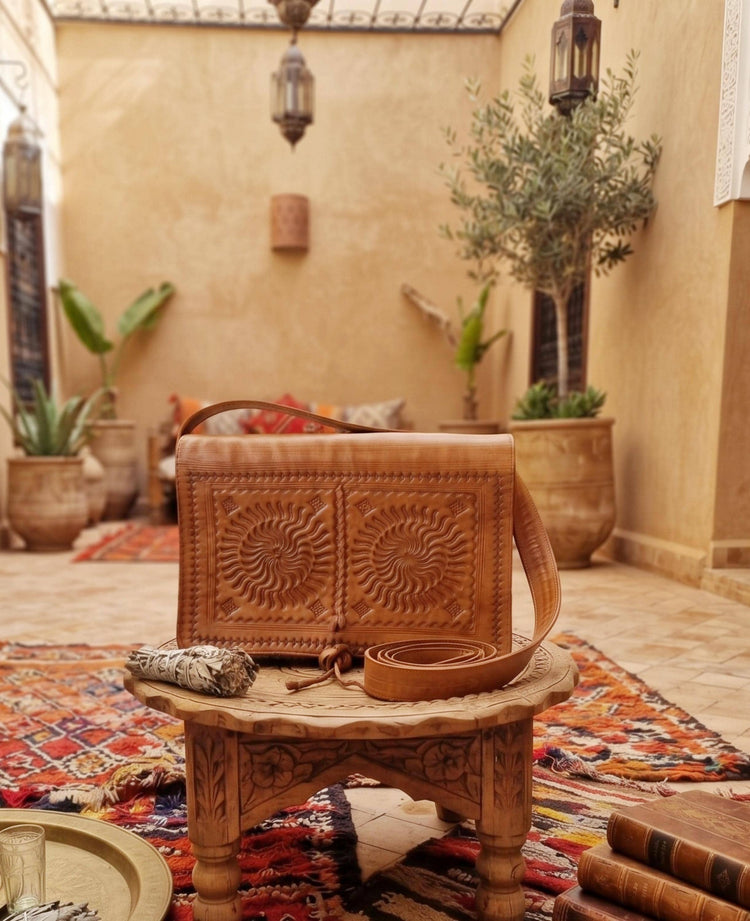 Vintage Moroccan Leather Saddle Bag, Tooled Tan Brown Crossbody Purse, Boho Embossed Shoulder Satchel