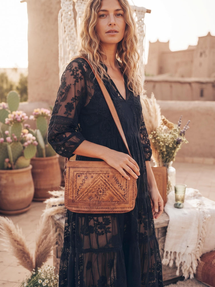 Vintage Leather Crossbody Saddle Bag, Tooled Tan Brown Moroccan Purse, Embossed Artisan Satchel