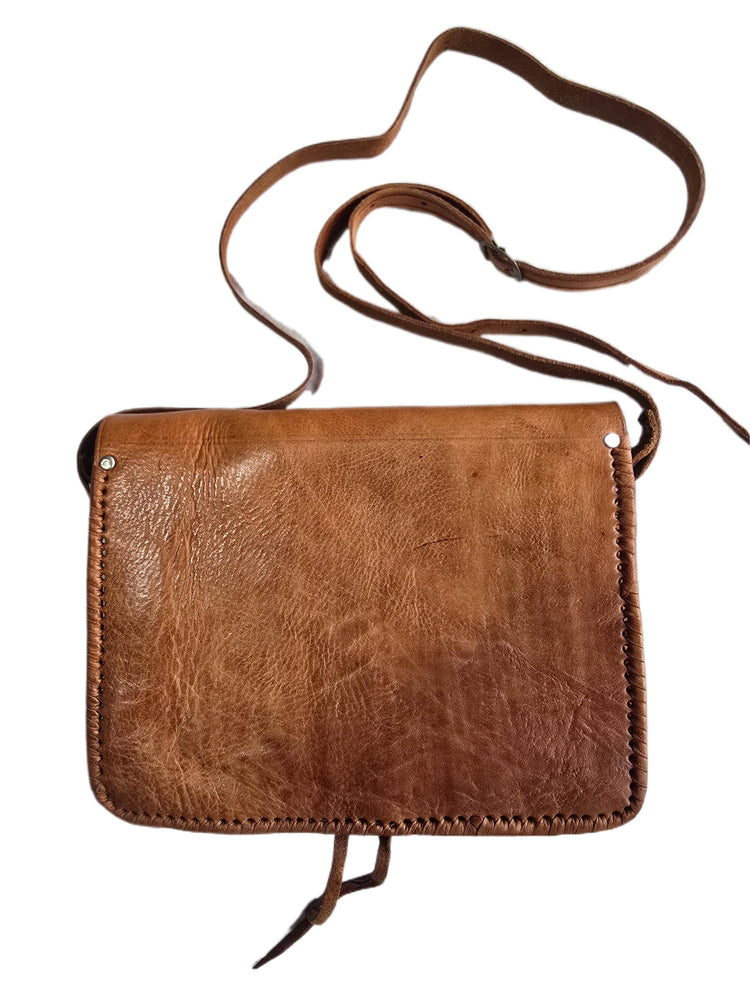 Vintage Leather Crossbody Saddle Bag, Tooled Tan Brown Moroccan Purse, Embossed Artisan Satchel