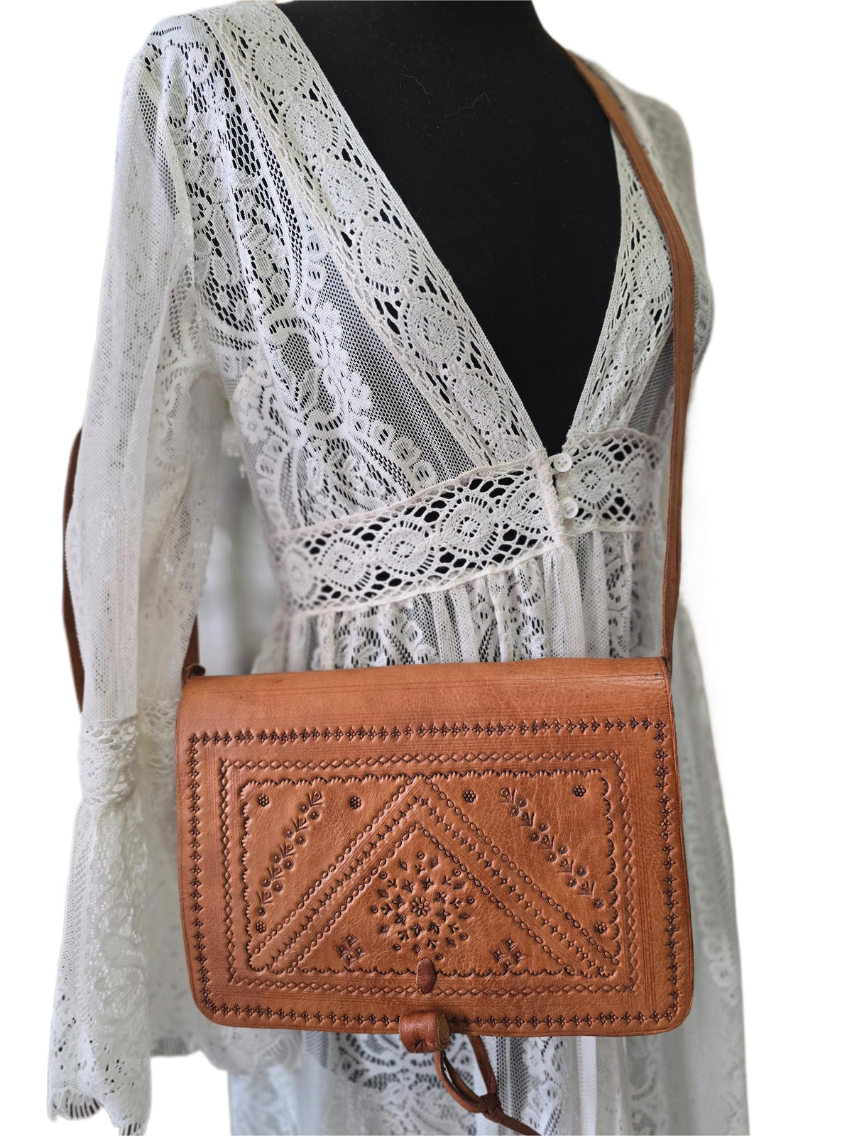 Vintage Leather Crossbody Saddle Bag, Tooled Tan Brown Moroccan Purse, Embossed Artisan Satchel