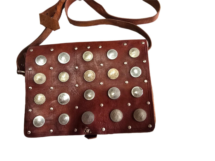 Moroccan Coin Leather Satchel, Vintage Boho Messenger Bag, Studded Brown Leather Crossbody Purse