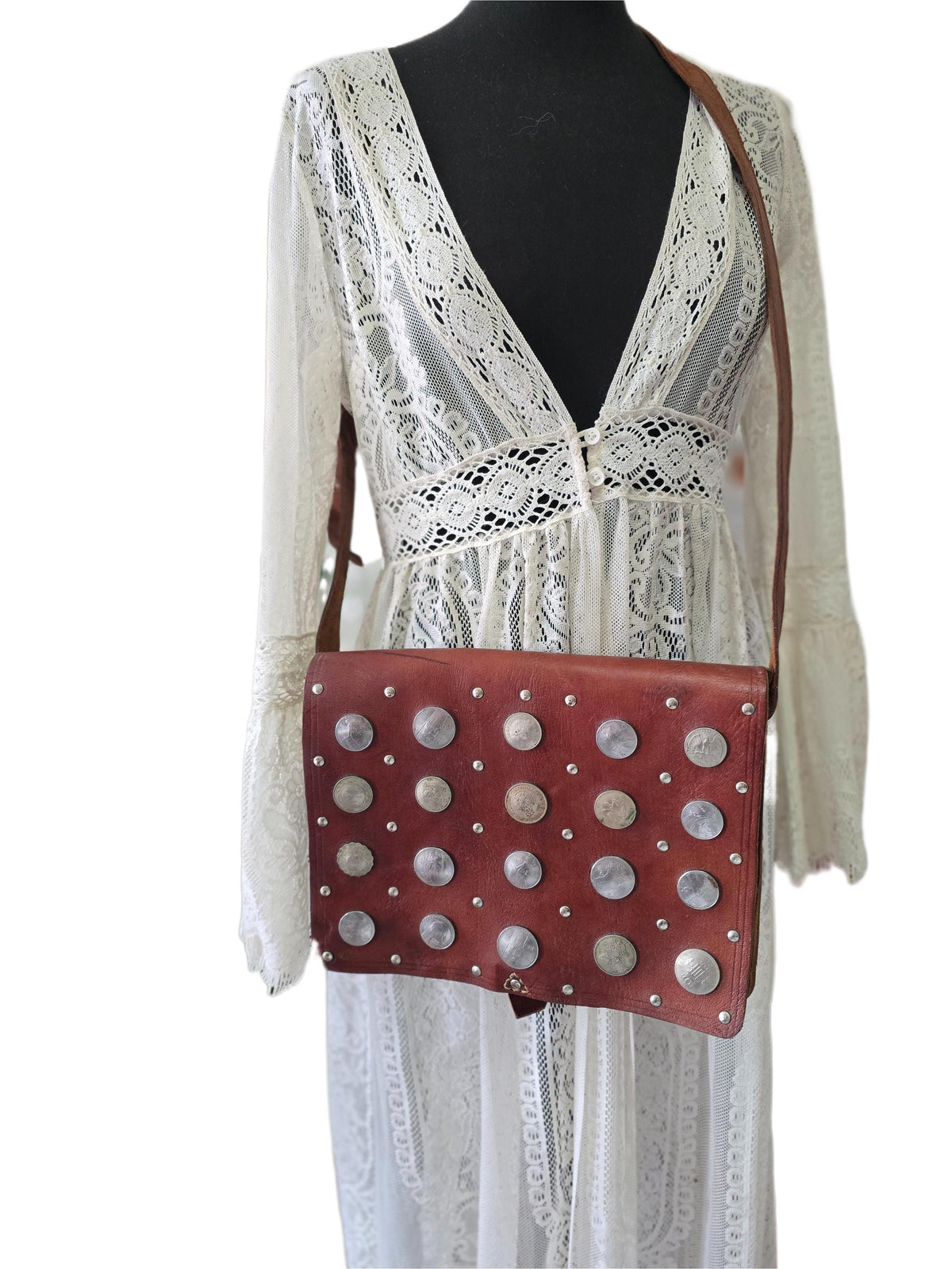 Moroccan Coin Leather Satchel, Vintage Boho Messenger Bag, Studded Brown Leather Crossbody Purse