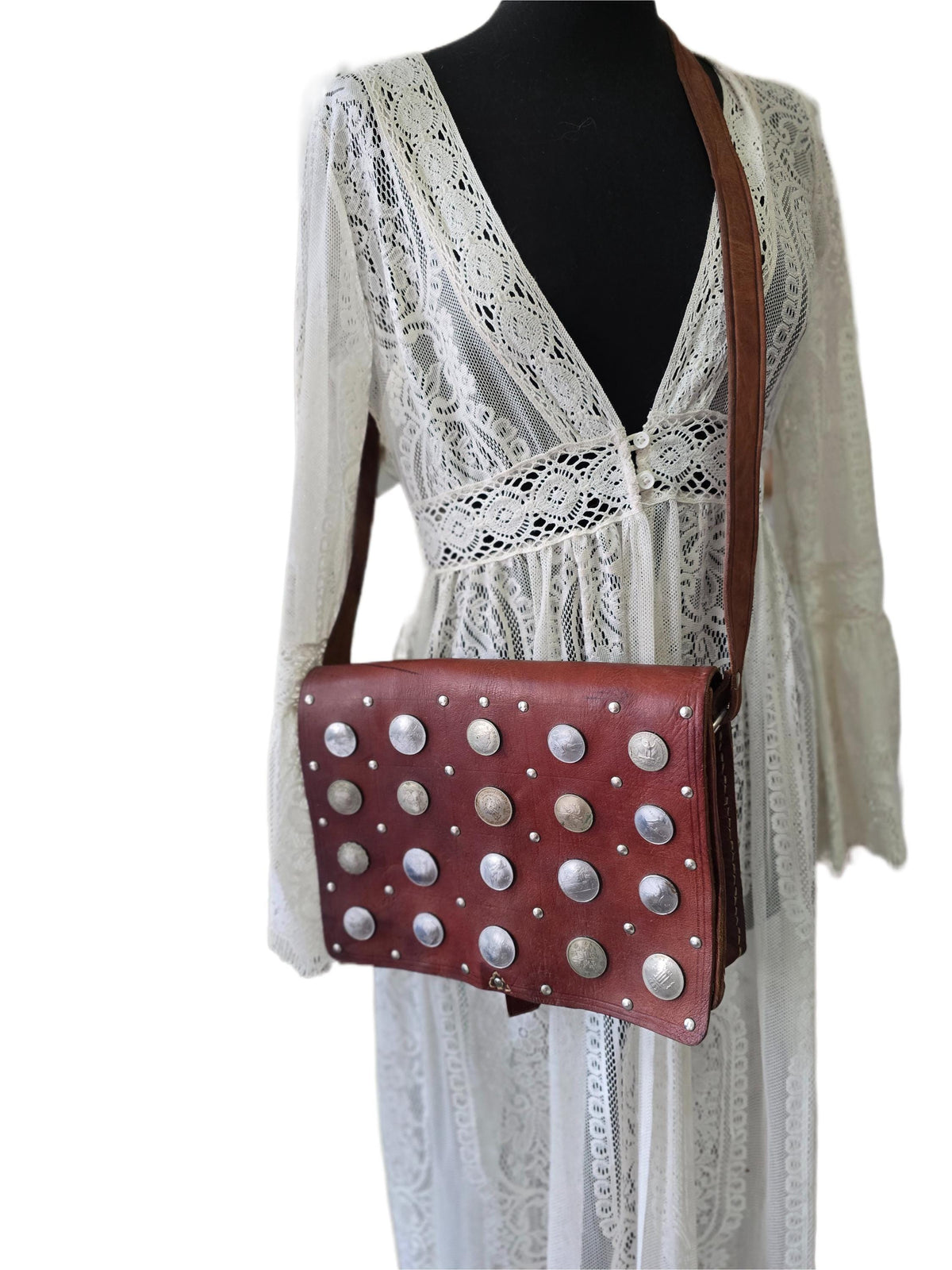 Moroccan Coin Leather Satchel, Vintage Boho Messenger Bag, Studded Brown Leather Crossbody Purse