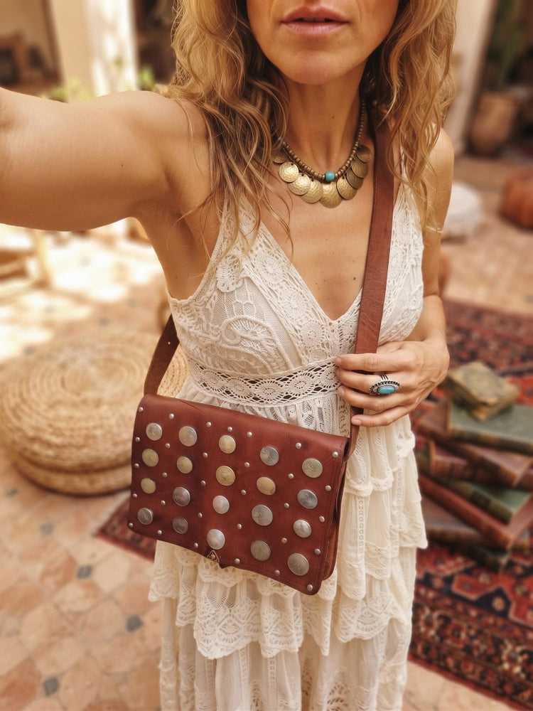 Moroccan Coin Leather Satchel, Vintage Boho Messenger Bag, Studded Brown Leather Crossbody Purse