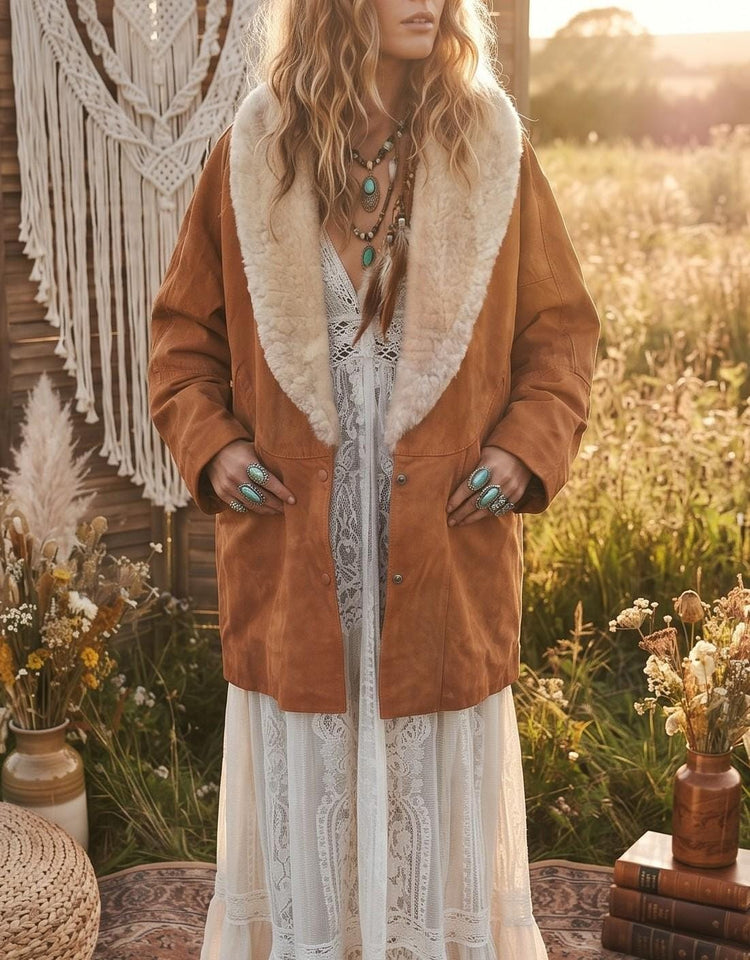 Vintage 1980s Tan Leather Coat, Sheepskin Collar Jacket, British Made Boho Hippie Unisex Festival Coat Size L