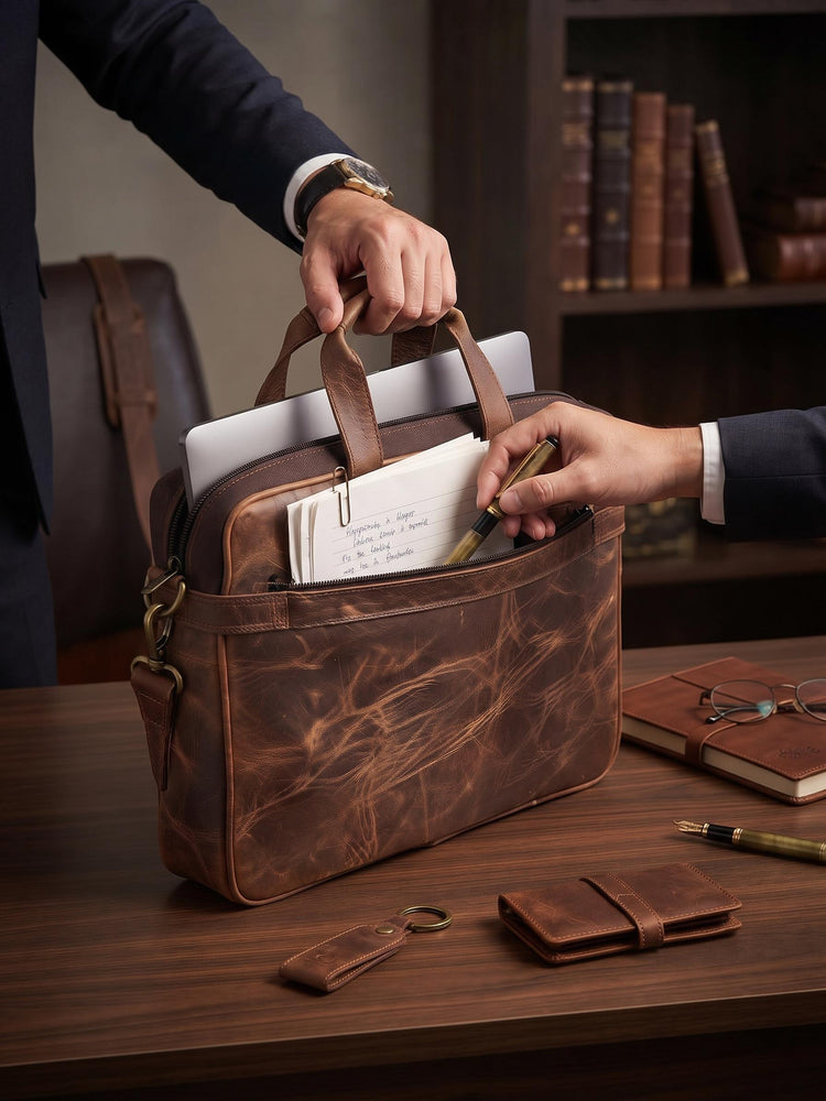 Handmade Leather Laptop Briefcase, 15 Inch Messenger Bag Men, Full Grain Leather Work Bag, Minimalist Office Satchel
