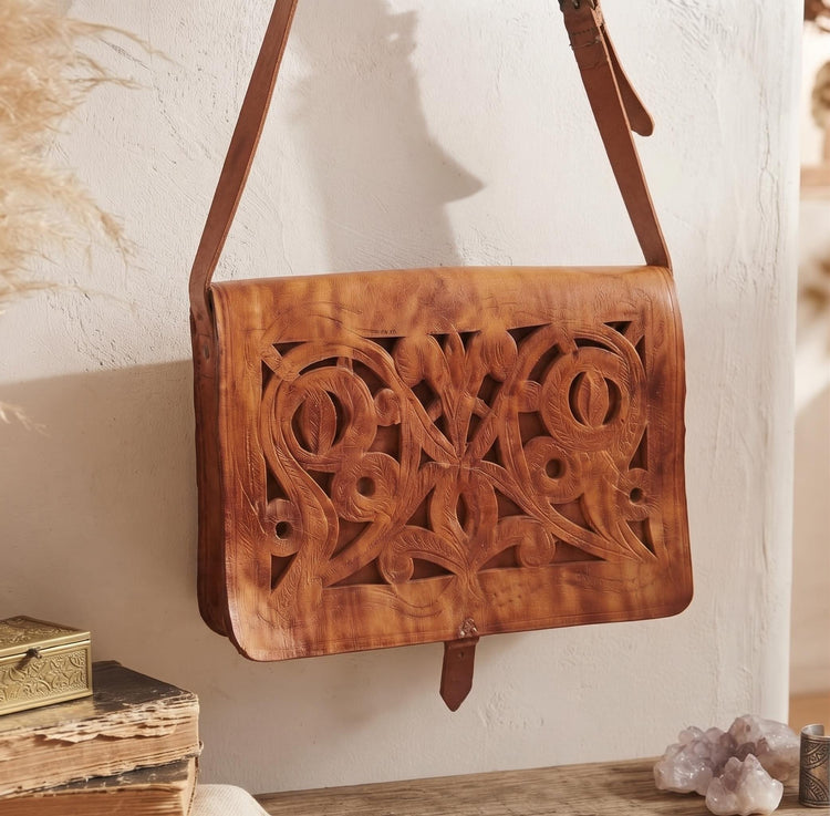 Vintage Brown Leather Messenger Bag, Tooled Boho Crossbody Satchel, 70s Hippie Briefcase Laptop Bag