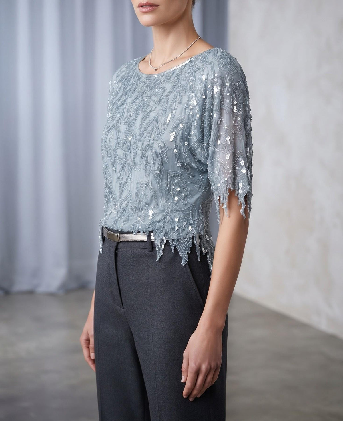 1980s Sequin Silk Blouse: Vintage Beaded Party Top, Size M