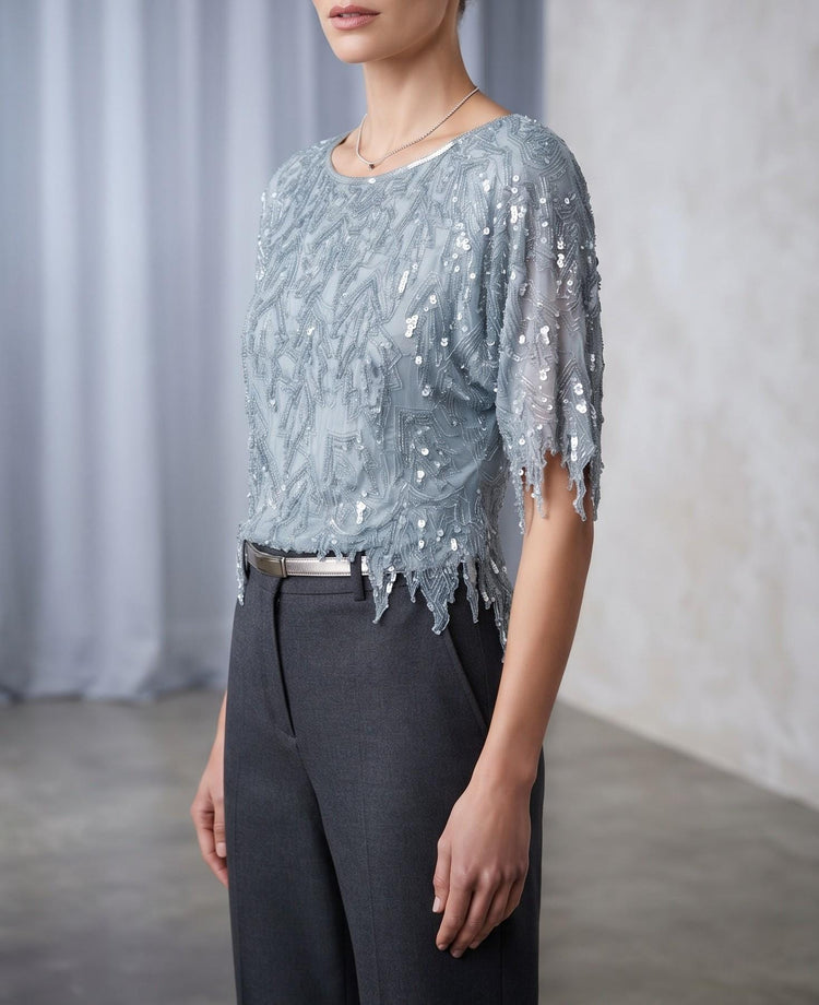 1980s Sequin Silk Blouse: Vintage Beaded Party Top, Size M