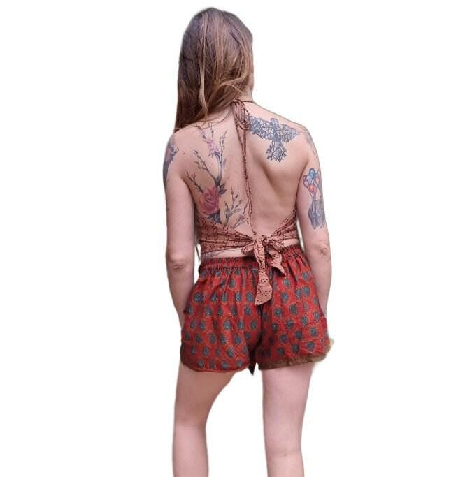 Pure Silk Paisley Shorts for Women, Red Blue Green Boho Hippie Festival Shorts, Lightweight Summer Beach Shorts, Drawstring Waist