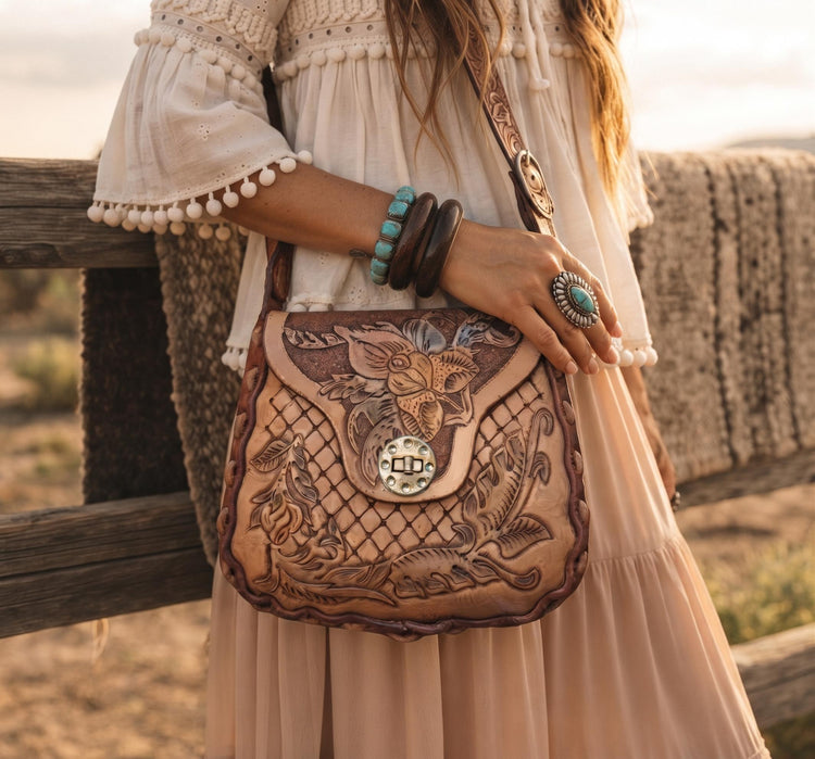 Vintage Tooled Leather Horse Purse, Floral Rose Western Saddle Bag