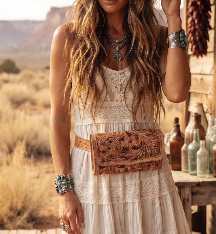 Hand Tooled Leather Wallet with Belt, Western Floral Buffalo Leather Waist Bag, Boho Festival Bum Bag