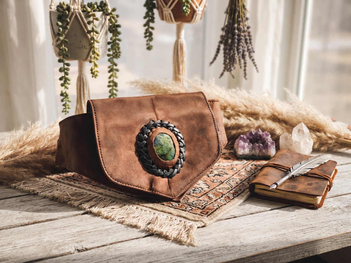 Leather Festival Bum Bag with Rock Crystal, Black Brown Boho Hippie Fanny Pack, Steampunk Utility Belt
