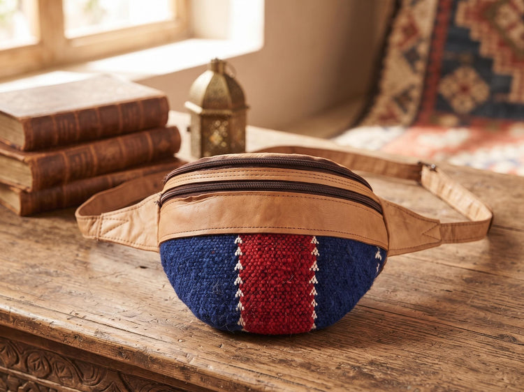 Unique leather bum bag with upcycled kilim carpet - stylish fanny pack for adventures