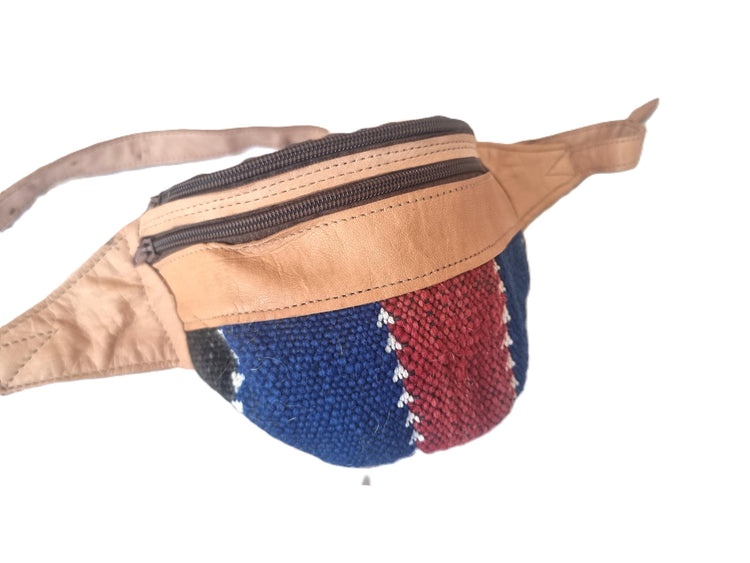 Unique leather bum bag with upcycled kilim carpet - stylish fanny pack for adventures