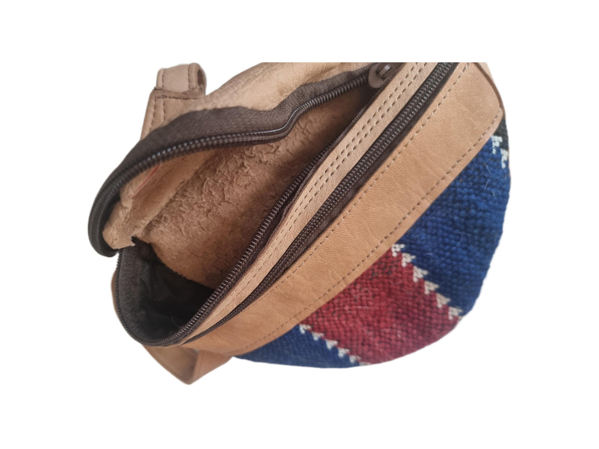 Unique leather bum bag with upcycled kilim carpet - stylish fanny pack for adventures