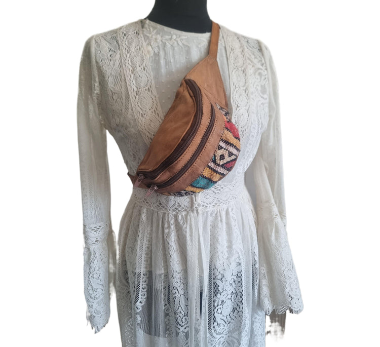 Moroccan Leather Kilim Bum Bag, Berber Tribal Boho Waist Pouch, Upcycled Festival Belt Bag, Hippie Sling Purse