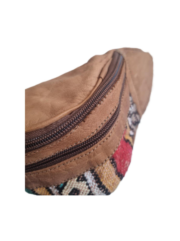 Moroccan Leather Kilim Bum Bag, Berber Tribal Boho Waist Pouch, Upcycled Festival Belt Bag, Hippie Sling Purse