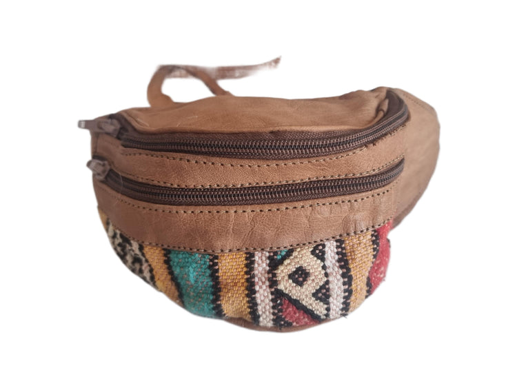 Moroccan Leather Kilim Bum Bag, Berber Tribal Boho Waist Pouch, Upcycled Festival Belt Bag, Hippie Sling Purse