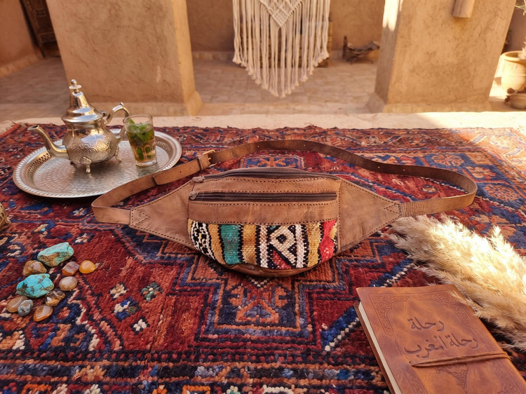 Moroccan Leather Kilim Bum Bag, Berber Tribal Boho Waist Pouch, Upcycled Festival Belt Bag, Hippie Sling Purse